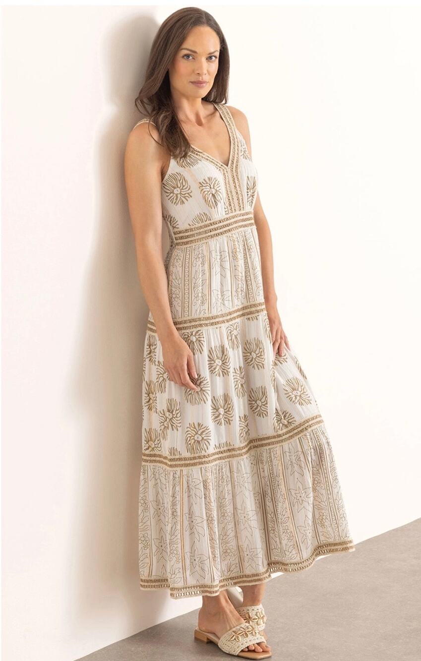 Dress Naoo Boho Maxi Dress Embroidered Macrame Straps Large Neutral Gold Beach